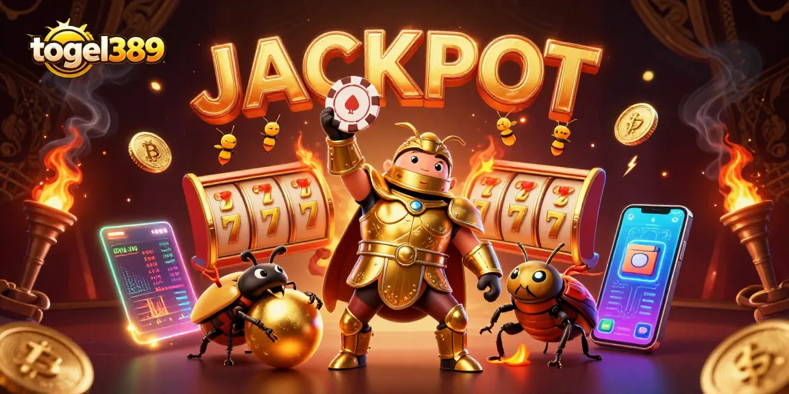 Experience winning potential with togel389, featuring a victorious beetle and shimmering jackpot elements.