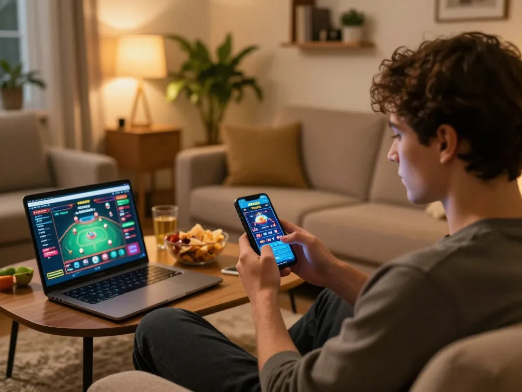 Pemain yang menggunakan aplikasi Planet77 di smartphone mereka dalam suasana rumah yang nyaman, menyoroti hiburan permainan online.