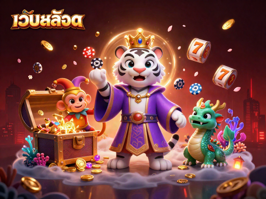 Engage with เว็บสล็อต in this vibrant scene featuring a white tiger, golden monkey, and jade dragon amidst slot reels and treasure.
