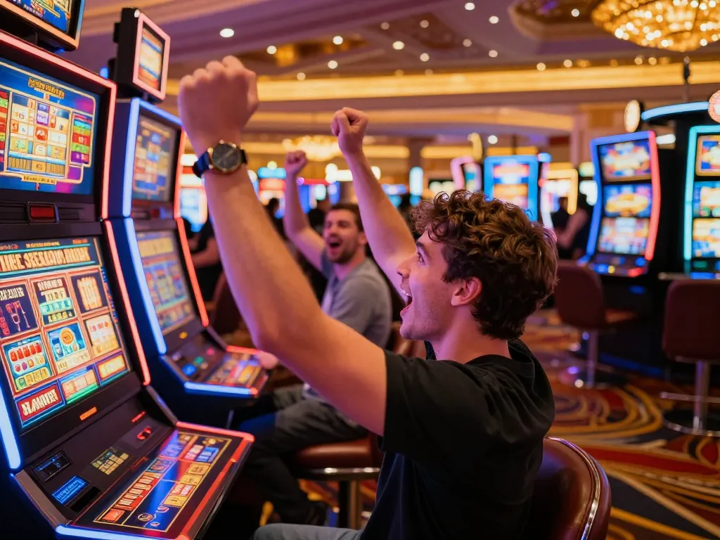 Sun win celebration moment as a player rejoices over a slot machine win in a lively casino environment