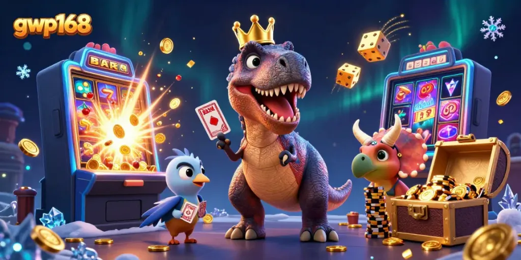 Gwp168 menampilkan dinosaur 3D beraksi di kasino dengan mesin slot, dadu, dan tumpukan chip emas.
