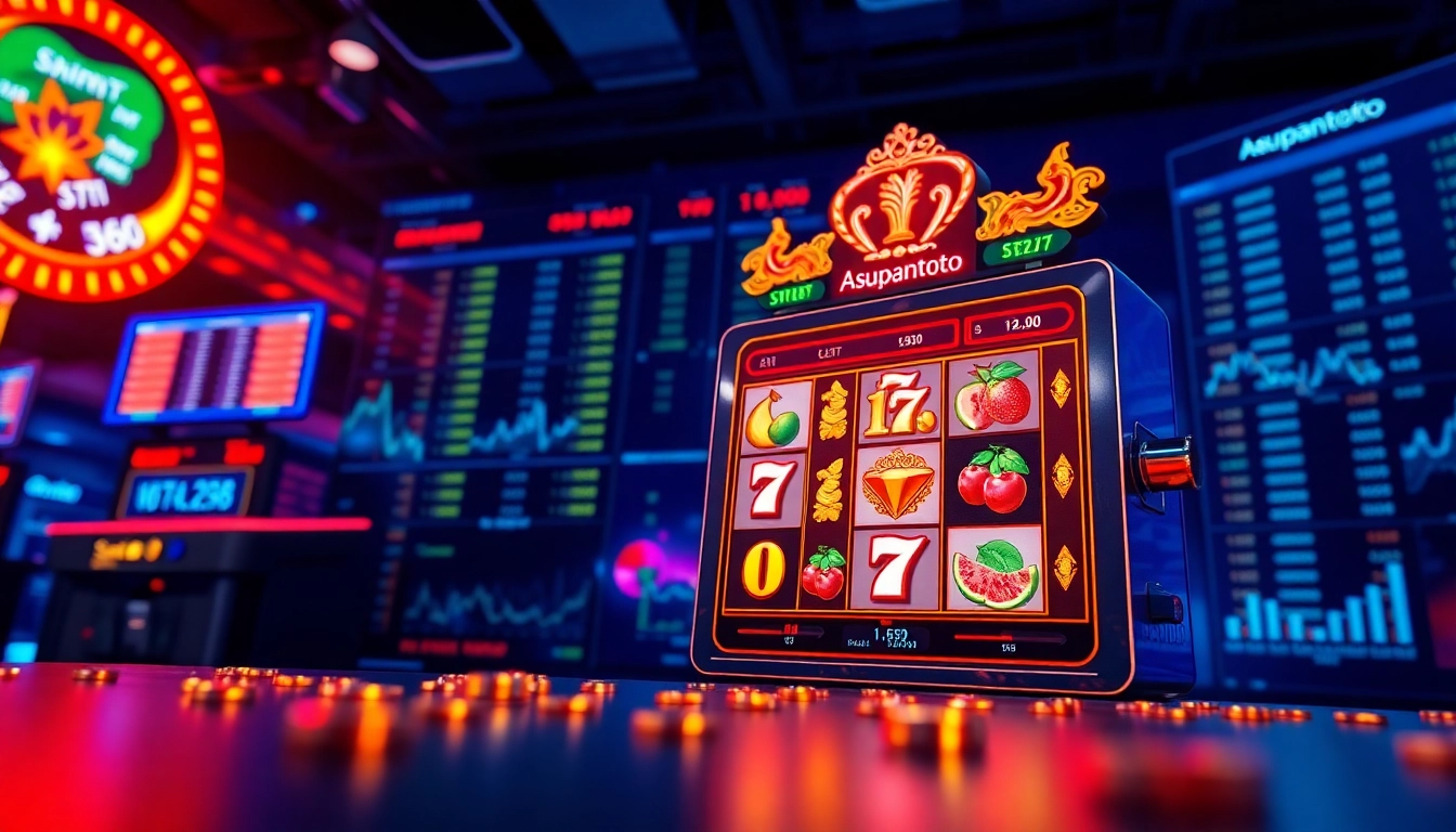 Asupantoto online gambling platform interface with interactive slot machine and vibrant statistics.