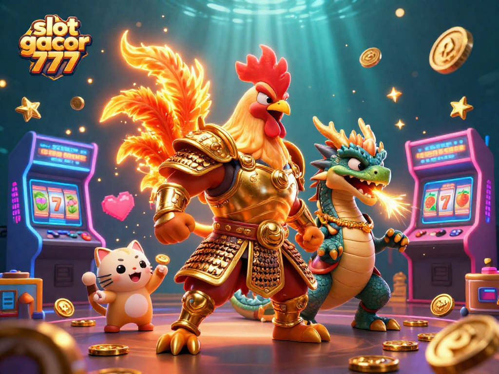 Engage with slot gacor 777 adventures featuring a samurai rooster, dragon, and arcade elements.