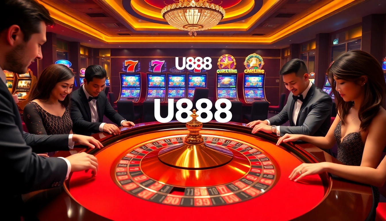 U888 casino scene with players enjoying roulette and slots in a luxurious atmosphere.