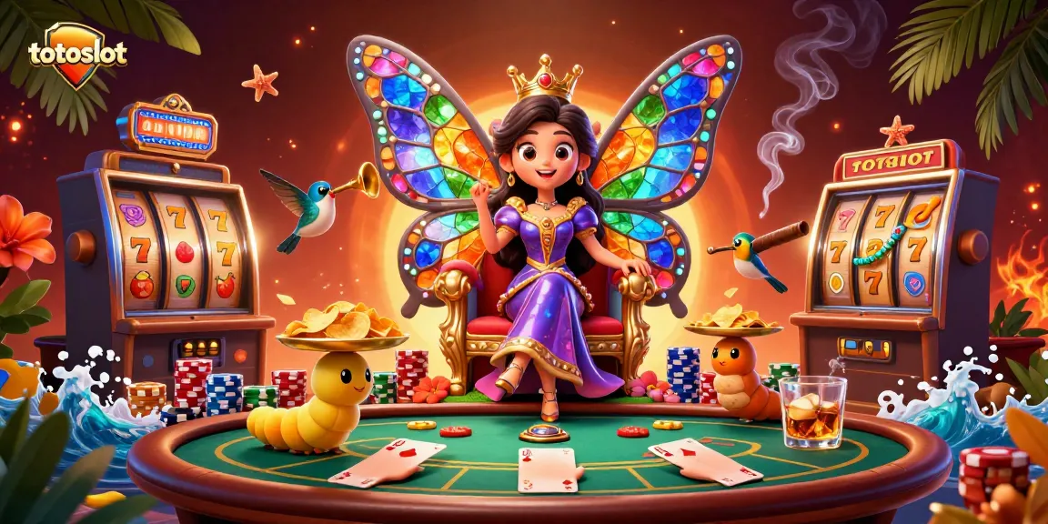 Totoslot showcases a vibrant scene with a butterfly queen and colorful slot machine elements in an online casino.