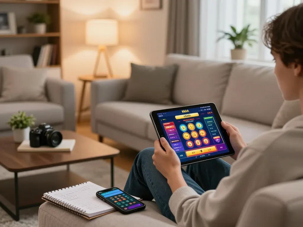 Engaged user playing 88aa online casino game on a tablet in a cozy home setting.