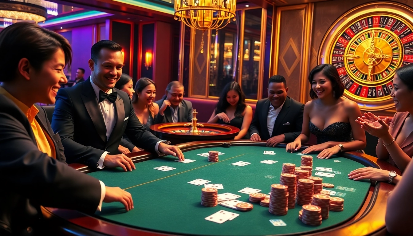 Experience thrilling gameplay at Typhu88's vibrant casino, complete with poker chips and a roulette wheel.