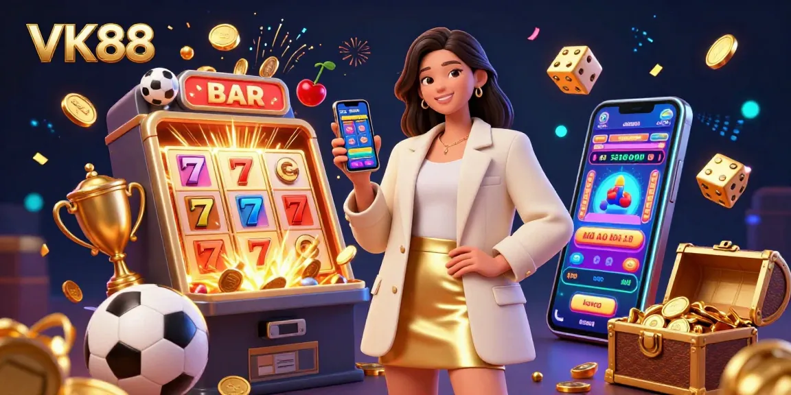 Engage with VK88's vibrant gaming world featuring a woman showcasing a sports betting app amid a jackpot explosion.