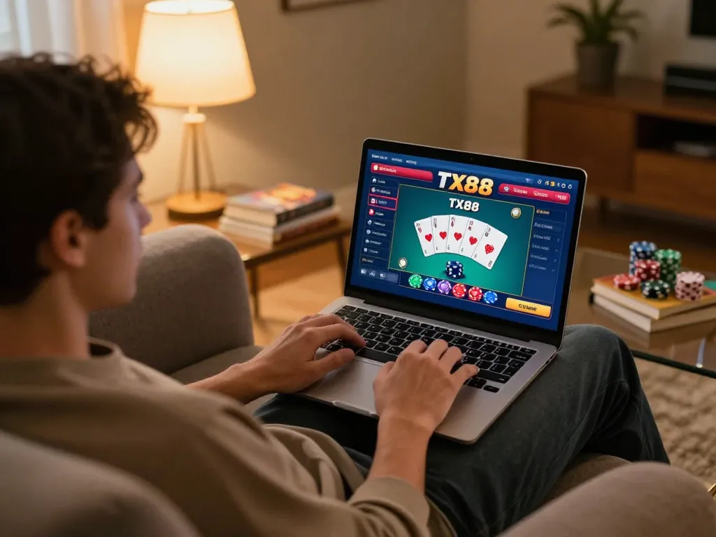 Engaging in TX88 online gaming from a cozy home setup, with laptop screen showcasing poker gameplay