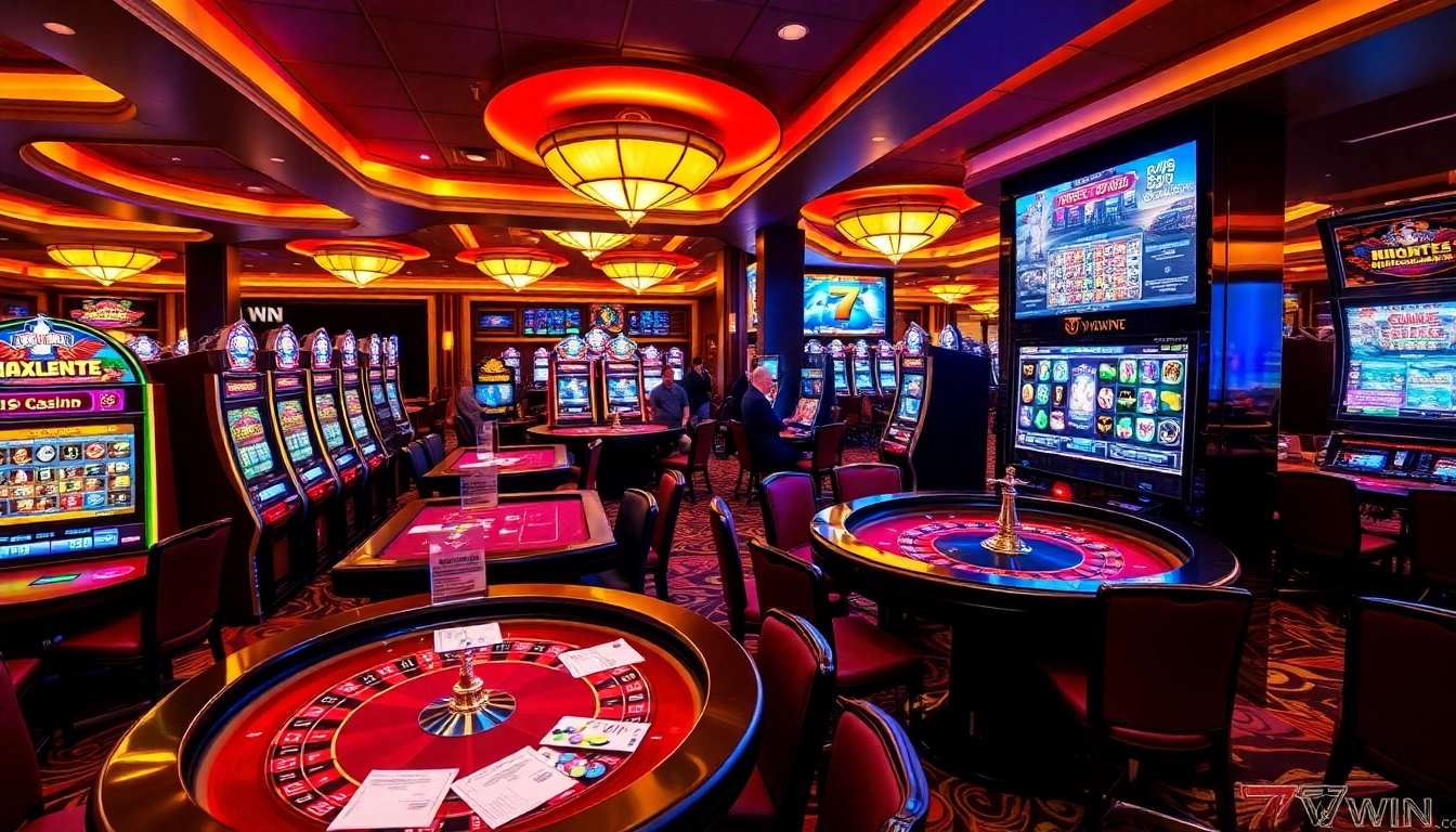 Experience thrilling gaming at 78WIN with vibrant slot machines and roulette tables.
