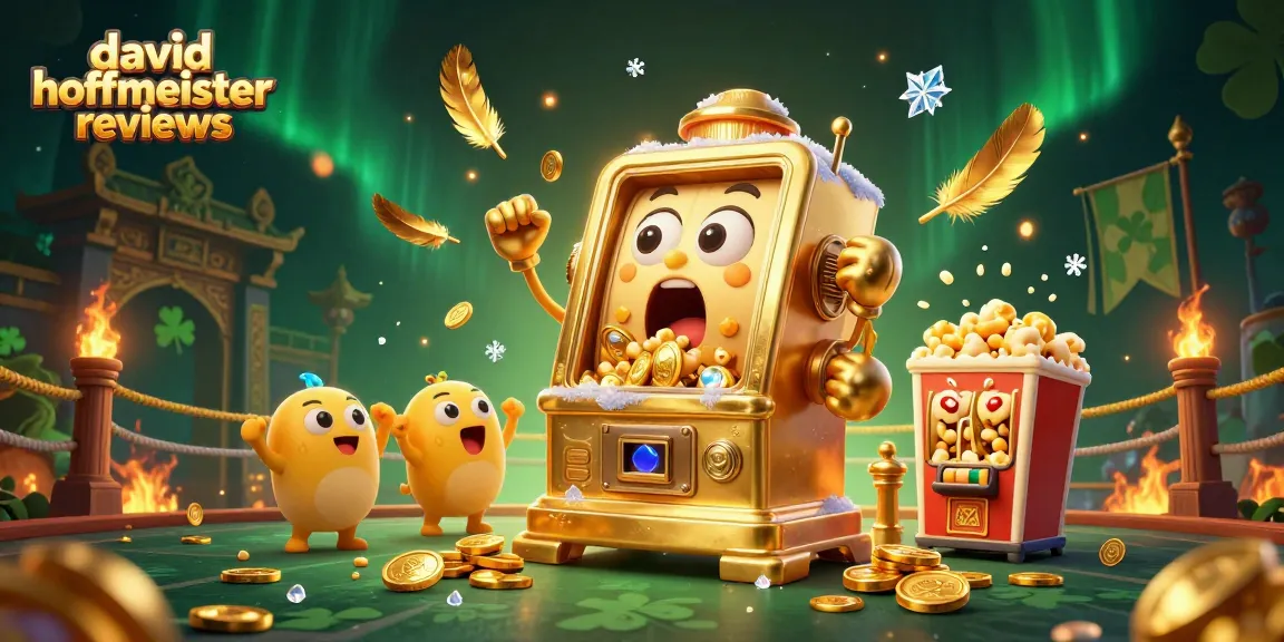Engaging scene of david hoffmeister reviews with a golden slot machine jackpot winning, surrounded by cheering machines.