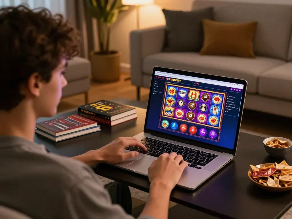 Engaging in online gaming with F8bet on a stylish laptop, showing vibrant slot game interface.