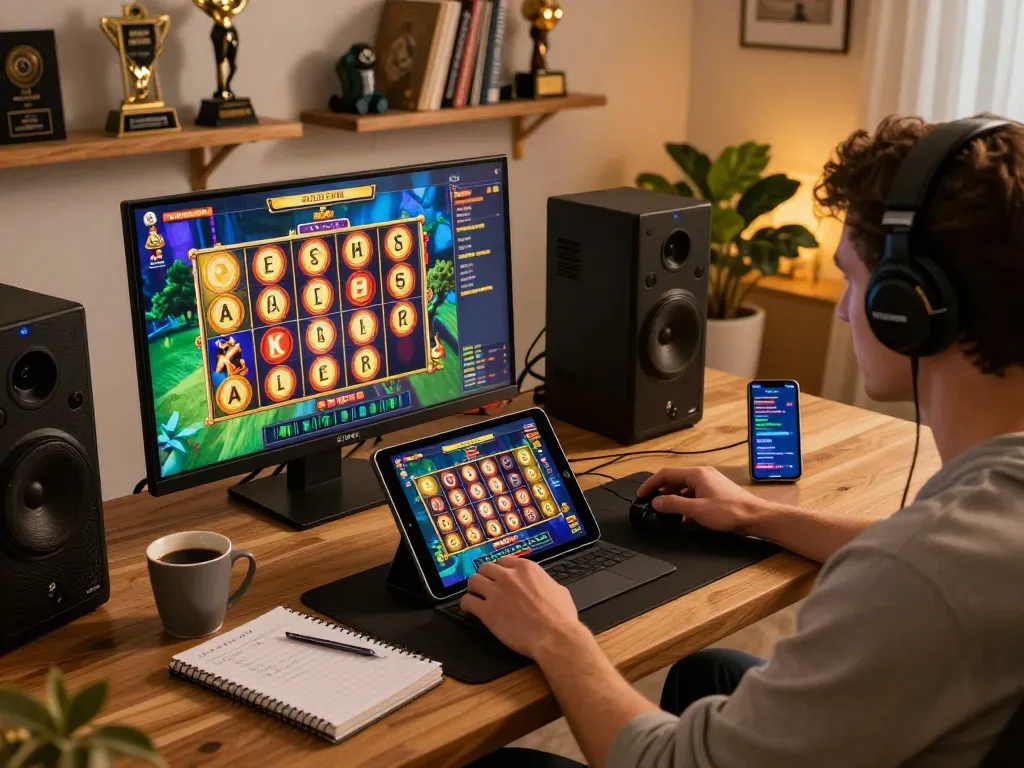 Engaged player focusing on kdslot online gaming, showcasing interactive tablet experience with animated reels