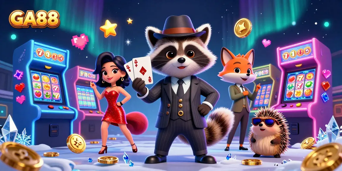 Experience gaming at GA88 with a suave raccoon, fox lady, and hedgehog amidst thrilling slot action.