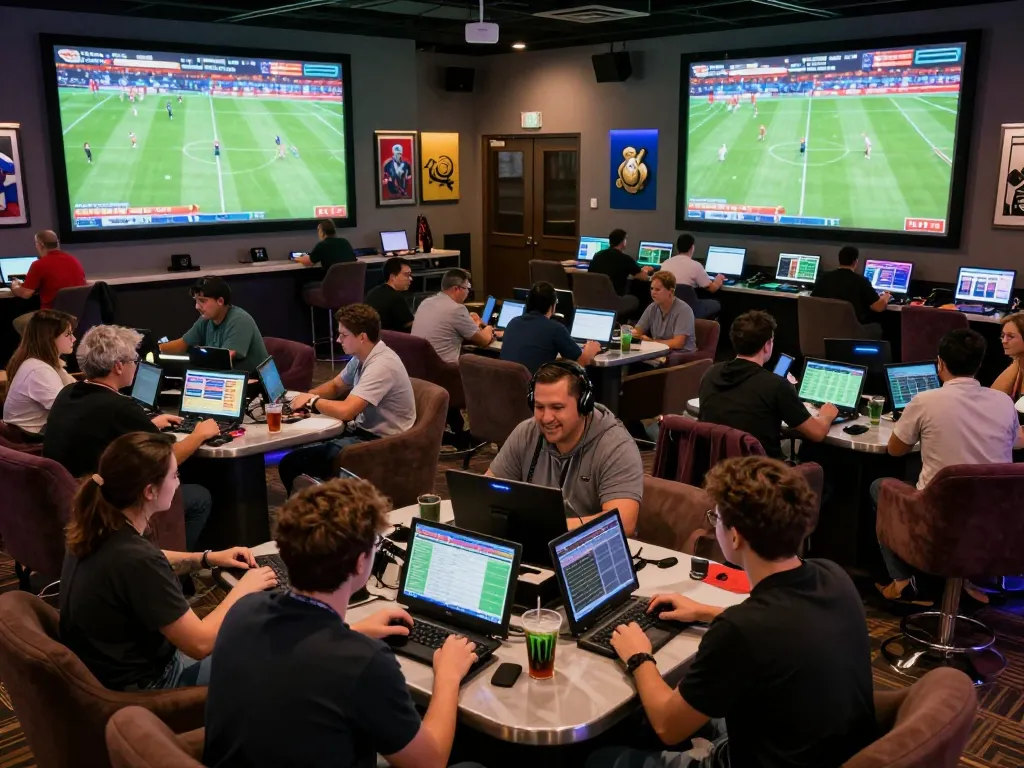 Soi Kèo sports betting enthusiasts analyzing odds in a modern casino lounge