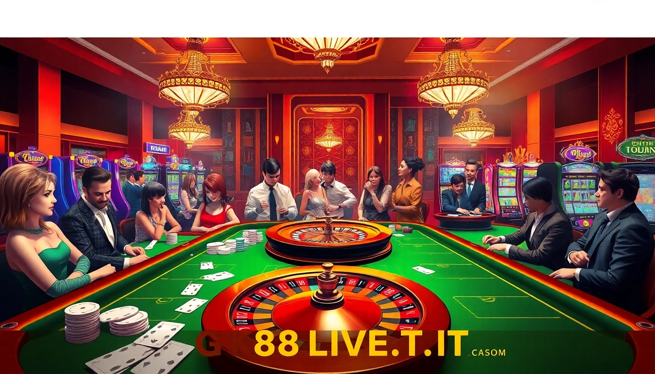 Exciting gameplay at GK88LIVE.IT.COM, showcasing vibrant casino tables, roulette wheels, and engaged gamblers.