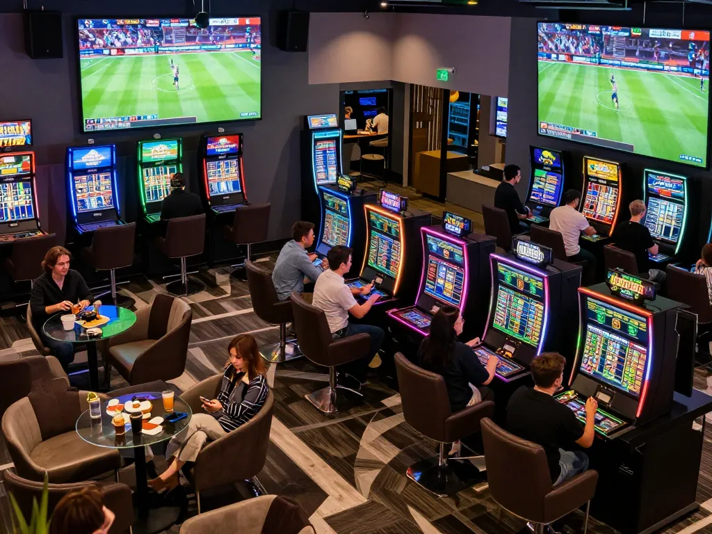 Excited players analyzing odds at the Ok9 sports betting lounge for winning strategies