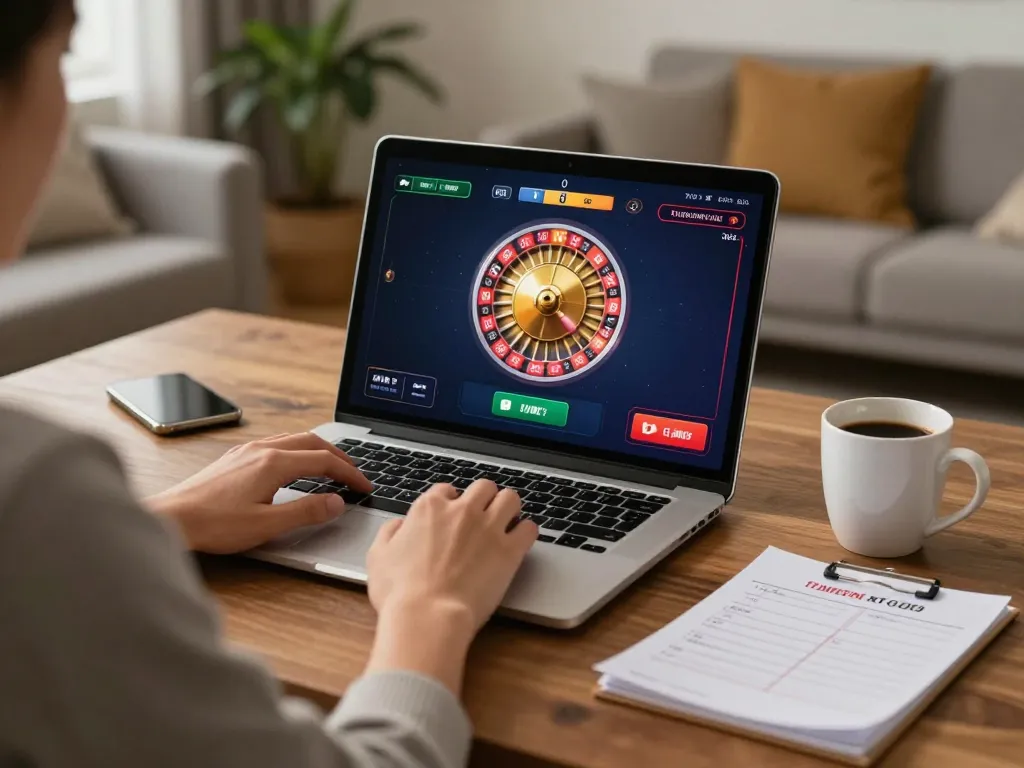 Player engaging in live casino gameplay on ligasedayu with an interactive roulette wheel on laptop in a cozy home.