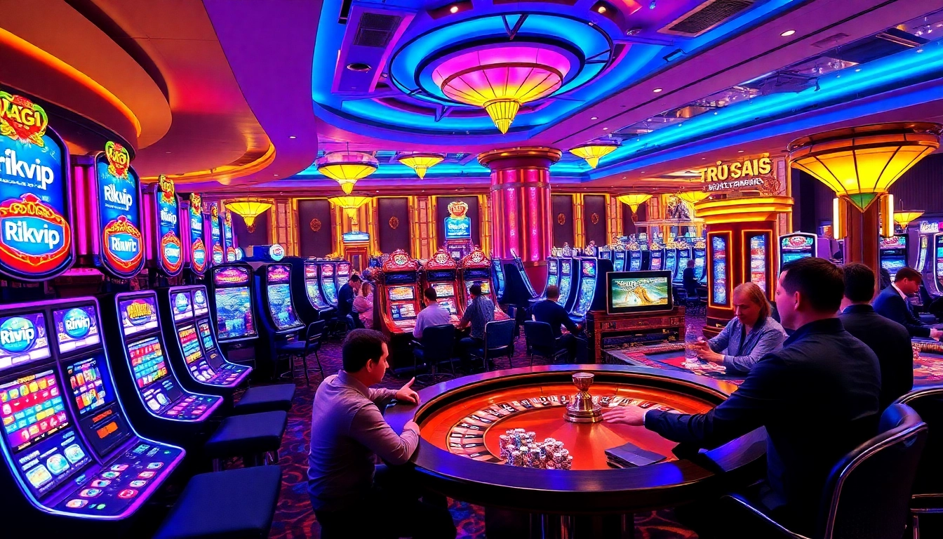 Rikvip gaming atmosphere showcasing dynamic slot machines and engaged players.