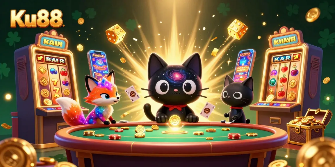Engage in thrilling gameplay at Ku88's vibrant cosmic casino with a black hole cat and nebula fox.