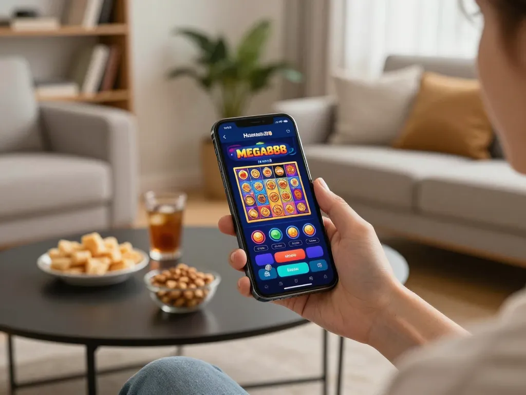 Play mega888 on mobile app, showcasing vibrant slot graphics in cozy setting.