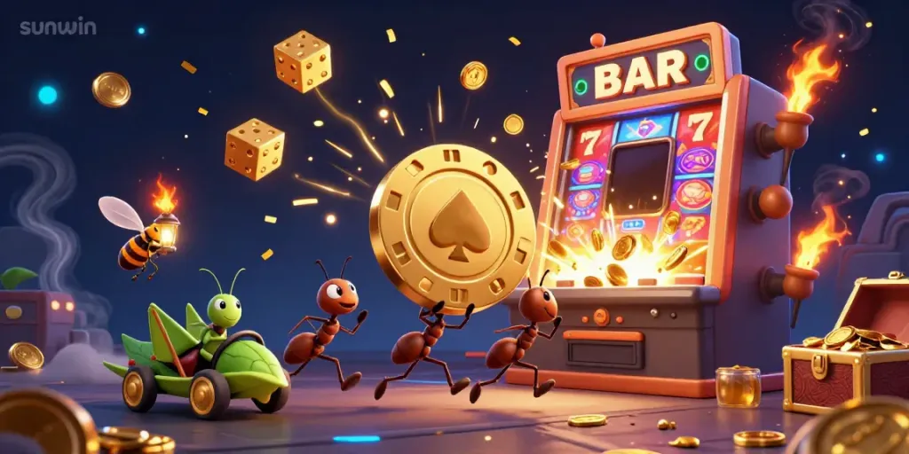 Teams of ants embark on an exciting heist with a massive golden poker chip at Sunwin casino, amidst jackpot explosions.