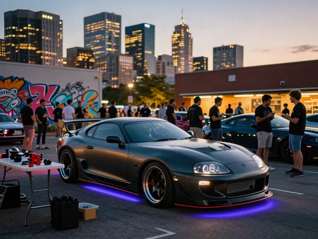 Modified A80 platform Toyota Supra in urban setting with car enthusiasts discussing performance upgrades.