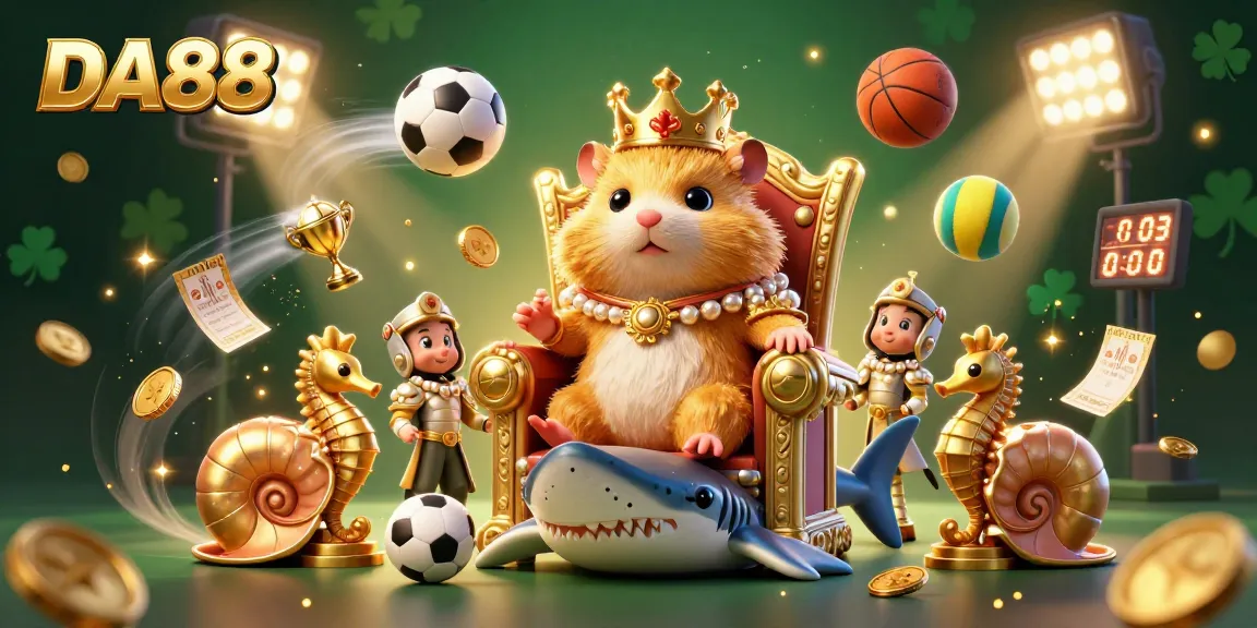 Enjoy exciting gaming with DA88, featuring the golden hamster king and vibrant betting elements in a lively casino scene.
