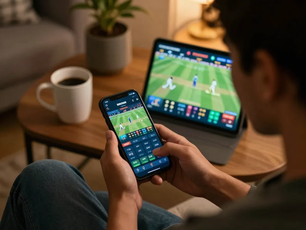 Engaging in online sports betting at https://crickex.fit/ with smartphone showing live cricket odds and match.