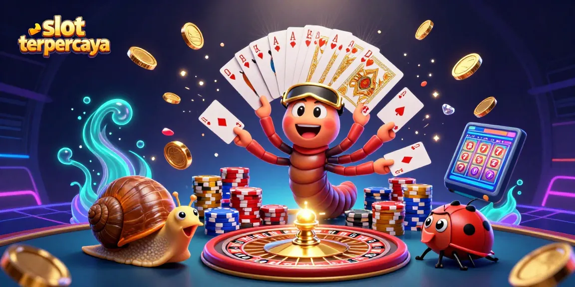 Engage with slot terpercaya at dynamic 3D casino illustration showcasing a colorful dealer, high-roller snail, and vibrant gaming elements.