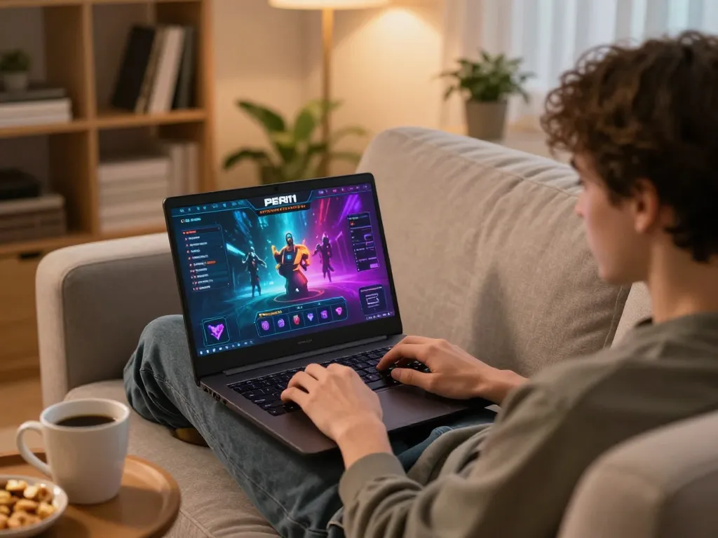 Player enjoying PERI11 online gaming on a laptop in a cozy living room setup with snacks and books.