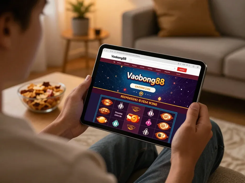 Engaging with Vaobong88 casino website on a tablet while enjoying a cozy home environment.