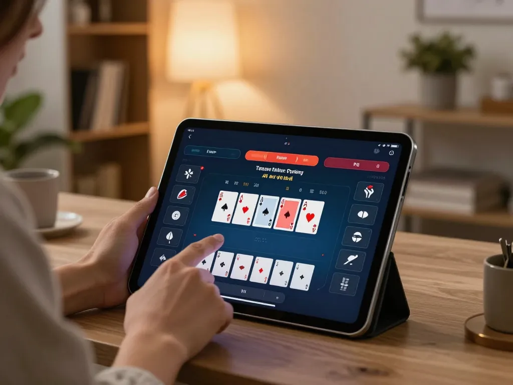 Players engaging with the soc88 poker app, analyzing strategies on a tablet during a home gaming session