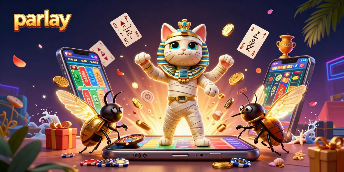 Engage in parlay betting with sports themed mummy cat and dynamic casino elements.