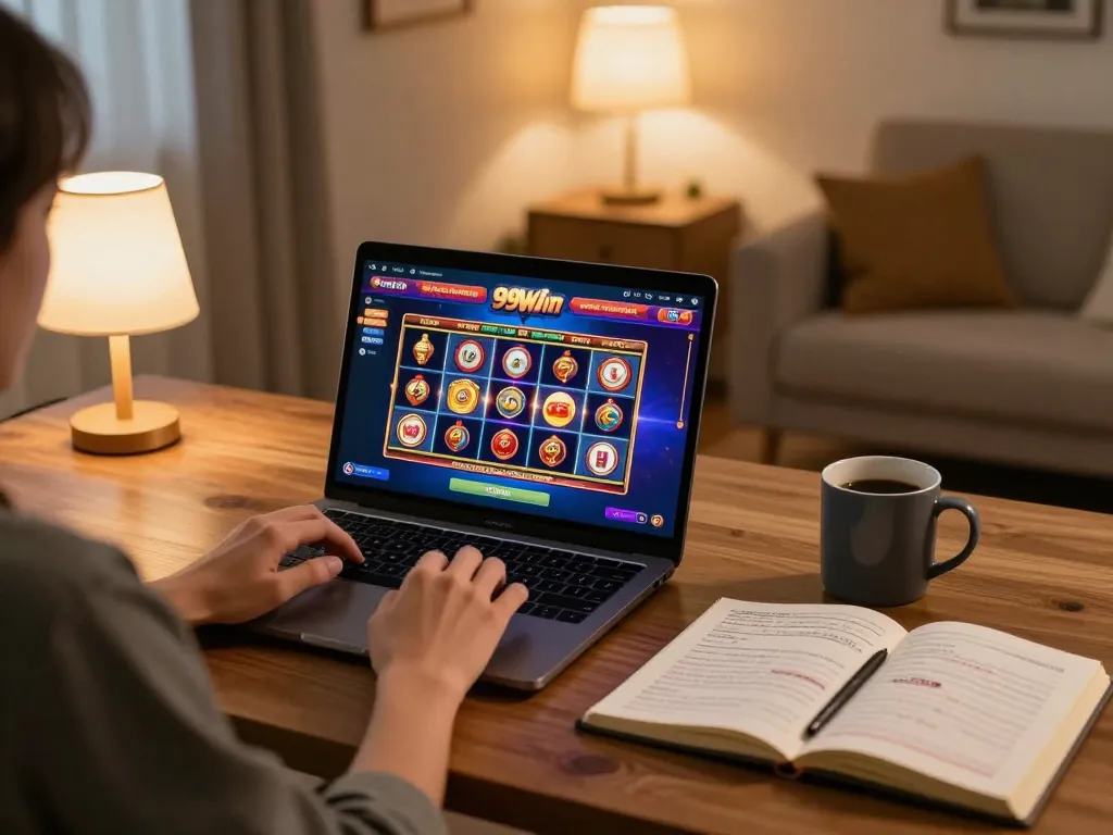Engaging in online gambling on 99Win website with strategic planning and cozy home atmosphere