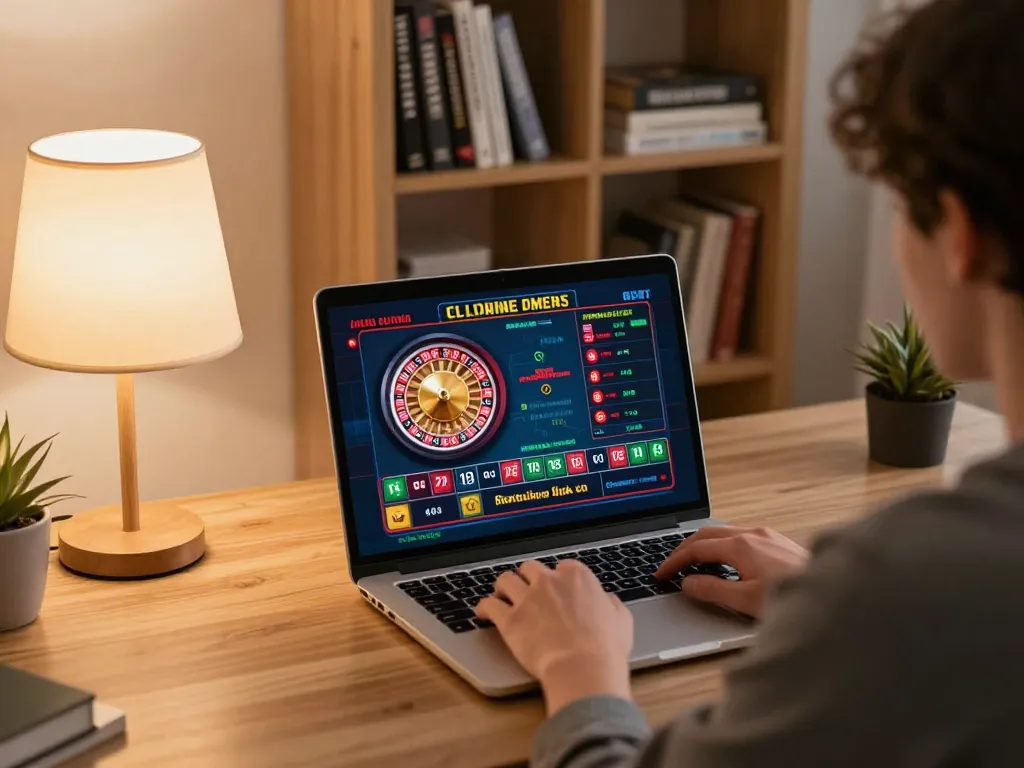 Experience online gambling at https://rr888.shopping/ with a live dealer game on a laptop in a cozy home office environment