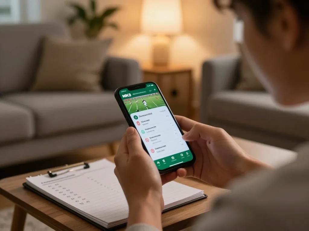 Person using the MK8 betting app on a smartphone while analyzing notes in a cozy living room setting.