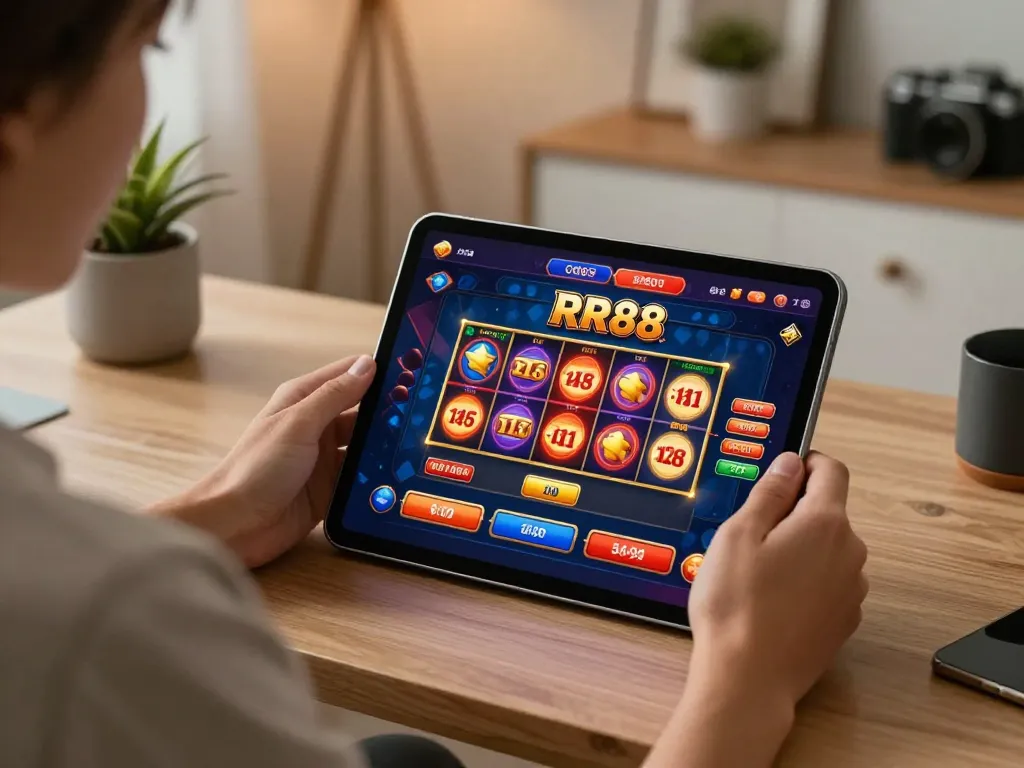 Player engaging with the RR88 casino app on a tablet, vibrant game interface showcasing responsible gaming