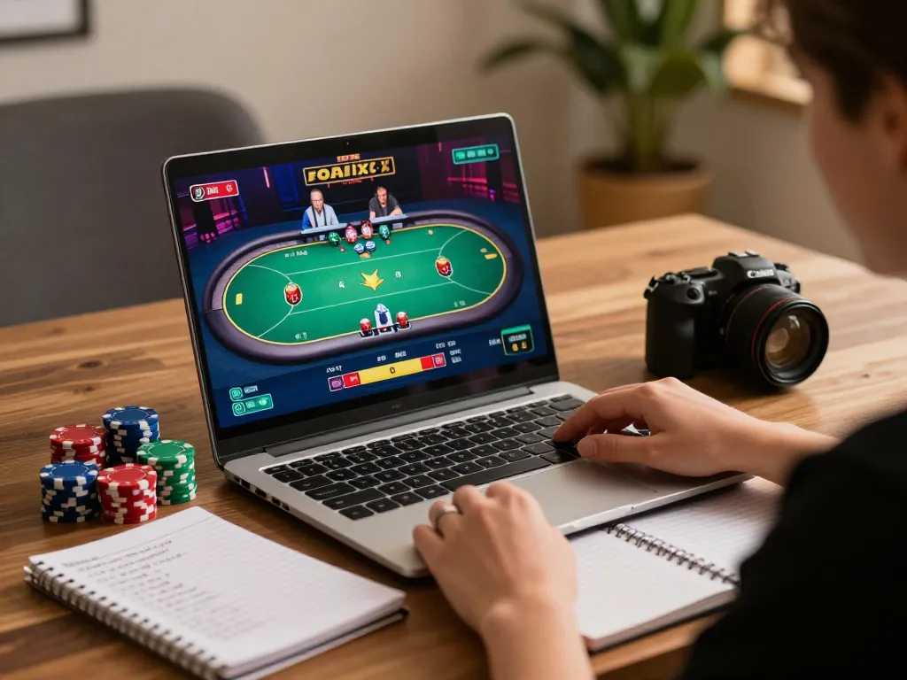 Sunwin player strategizing during an online poker game with chips and notes.