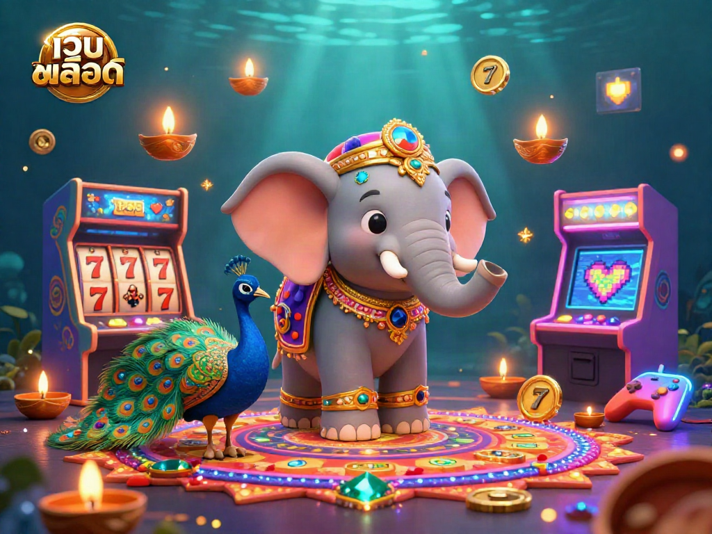 Spin the reels of เว็บสล็อต in this vibrant scene featuring a lucky elephant, peacock, and dazzling game symbols.