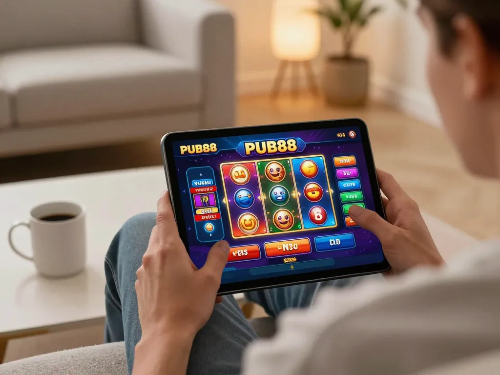 Engaging player experiencing PUB88 online casino gaming on a tablet in a cozy home setting