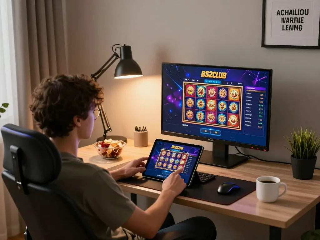 B52club user engaging with a vibrant online casino app on a tablet while enjoying a cozy home gaming setup.