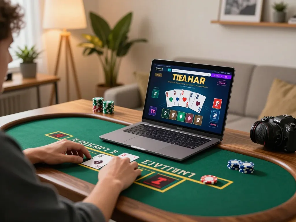 Engaging with blackjack game on 78win platform through laptop in cozy home setup.