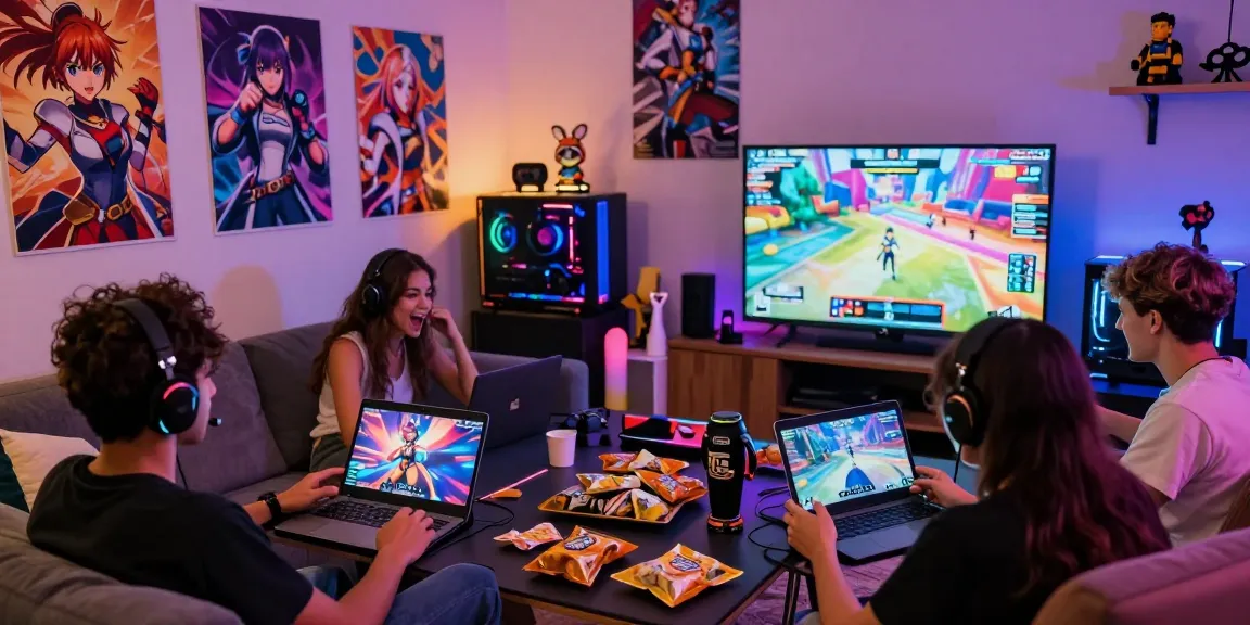 Group of friends enjoying a gay ecchi game in a vibrant gaming space.