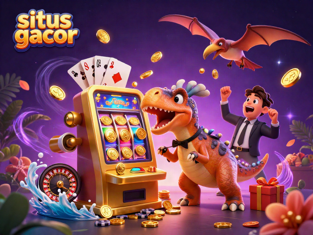 Situs gacor shows a pachycephalosaurus triumphantly activating a golden slot machine jackpot with flying coins