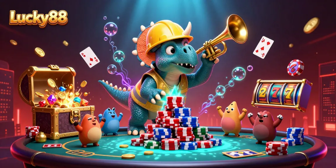 Join Lucky88 with vibrant slot action in a dynamic 3D casino scene filled with celebration.
