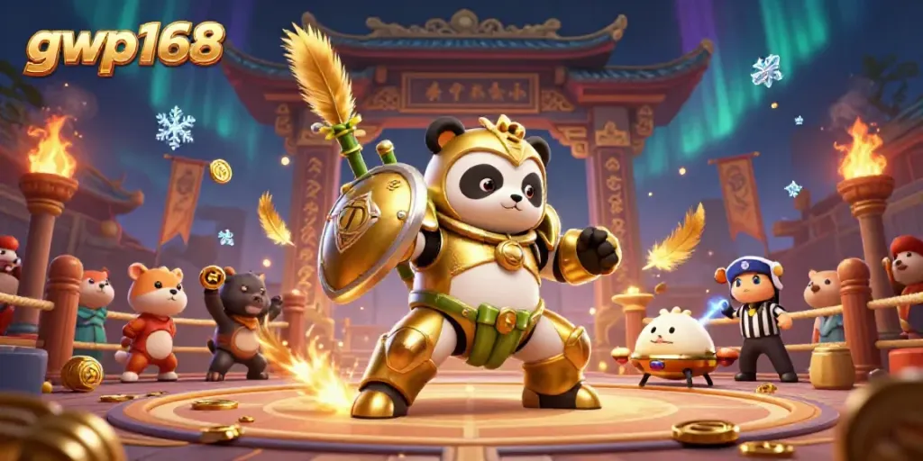 Gambarkan aksi seru di gwp168 dengan panda emas bertarung menggunakan robot bambu di arena perjudian.