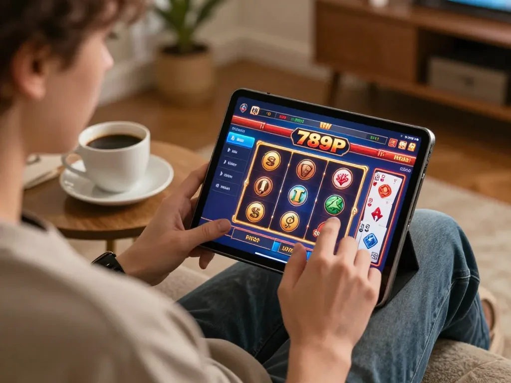Engaging moment of a player exploring 789P's online casino options on a tablet in a cozy home setting.