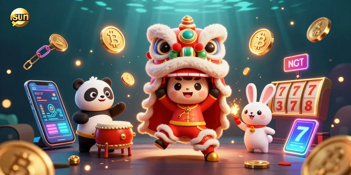 Engage with sun-themed casino excitement through a vibrant lion dance and cryptocurrency elements.