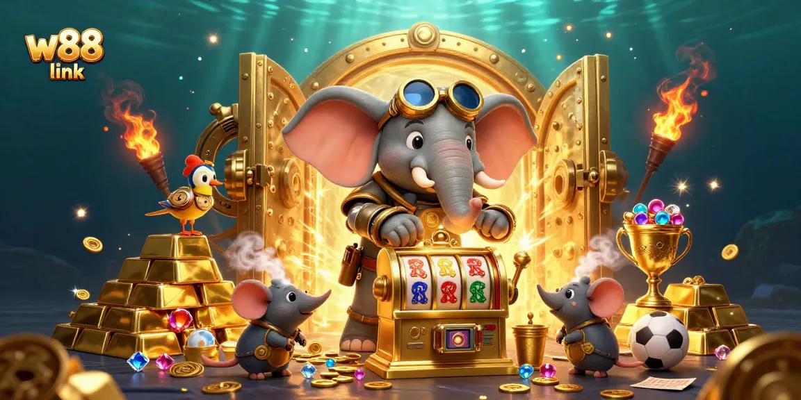 Engage with captivating w88 link visuals showcasing a steampunk elephant operating a golden slot machine amidst exciting gaming treasures.